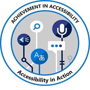 Digital badge for Accessibility in Action – Achievement in Accessibility, featuring accessibility tool icons in a circular design.