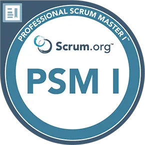Digital badge for Professional Scrum Master I from Scrum.org, with a circular design and the Scrum.org logo.